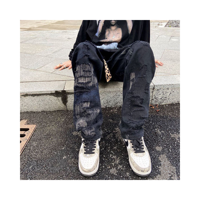 Hip Hop Destroy Embroid Ripped Loose Wide Leg Men Pants High Street Y2k Vibe Straight Jeans Full Length Casual Denim Trousers