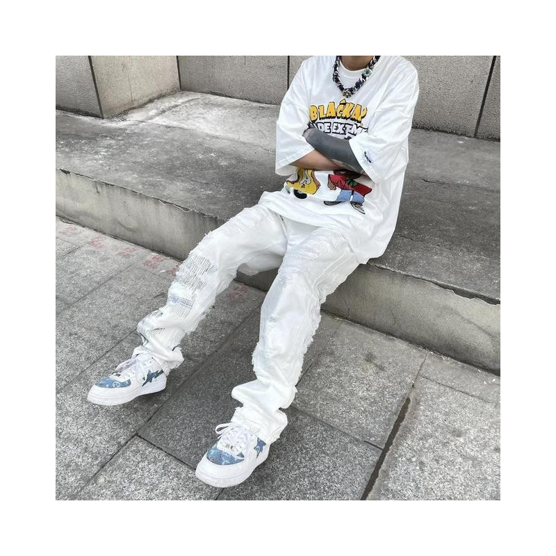 Hip Hop Destroy Embroid Ripped Loose Wide Leg Men Pants High Street Y2k Vibe Straight Jeans Full Length Casual Denim Trousers