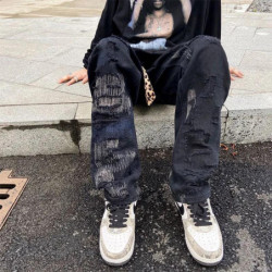 Hip Hop Destroy Embroid Ripped Loose Wide Leg Men Pants High Street Y2k Vibe Straight Jeans Full Length Casual Denim Trousers