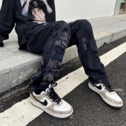 Hip Hop Destroy Embroid Ripped Loose Wide Leg Men Pants High Street Y2k Vibe Straight Jeans Full Length Casual Denim Trousers