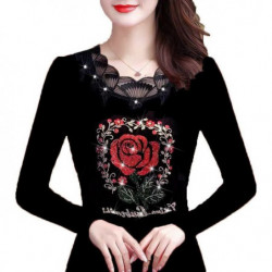 Sexy Lace Collar Tees Harajuku Hot Drilling Golden Rose Women Tops Female Spring Autumn Winter Slim Fit Mother&39s Clothes T S