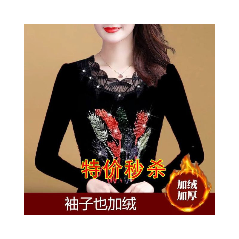 Sexy Lace Collar Tees Harajuku Hot Drilling Golden Rose Women Tops Female Spring Autumn Winter Slim Fit Mother&39s Clothes T S