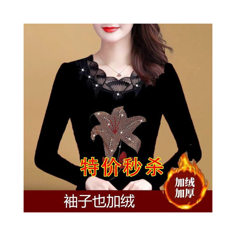 Sexy Lace Collar Tees Harajuku Hot Drilling Golden Rose Women Tops Female Spring Autumn Winter Slim Fit Mother&39s Clothes T S