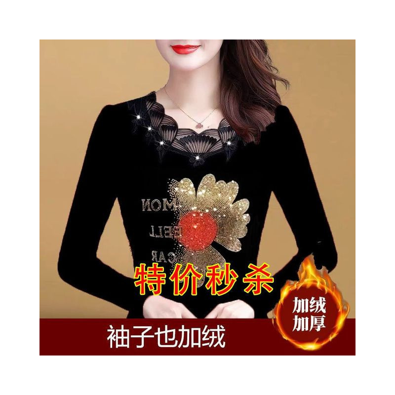 Sexy Lace Collar Tees Harajuku Hot Drilling Golden Rose Women Tops Female Spring Autumn Winter Slim Fit Mother&39s Clothes T S