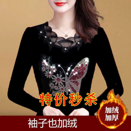 Sexy Lace Collar Tees Harajuku Hot Drilling Golden Rose Women Tops Female Spring Autumn Winter Slim Fit Mother&39s Clothes T S