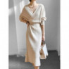 Women Elegant V-neck Sweater Dresses Vintage High Waist Slim A-line Knitted Midi Dress Korean Fashion Winter Clothes Vestidos