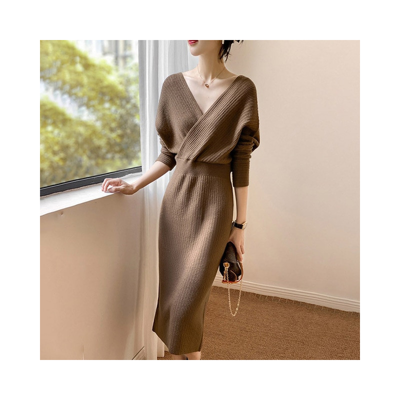 Women Elegant V-neck Sweater Dresses Vintage High Waist Slim A-line Knitted Midi Dress Korean Fashion Winter Clothes Vestidos