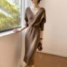 Women Elegant V-neck Sweater Dresses Vintage High Waist Slim A-line Knitted Midi Dress Korean Fashion Winter Clothes Vestidos