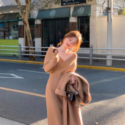 Women Elegant V-neck Sweater Dresses Vintage High Waist Slim A-line Knitted Midi Dress Korean Fashion Winter Clothes Vestidos