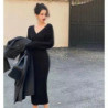 Women Elegant V-neck Sweater Dresses Vintage High Waist Slim A-line Knitted Midi Dress Korean Fashion Winter Clothes Vestidos