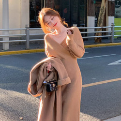 Women Elegant V-neck Sweater Dresses Vintage High Waist Slim A-line Knitted Midi Dress Korean Fashion Winter Clothes Vestidos