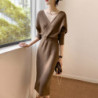 Women Elegant V-neck Sweater Dresses Vintage High Waist Slim A-line Knitted Midi Dress Korean Fashion Winter Clothes Vestidos