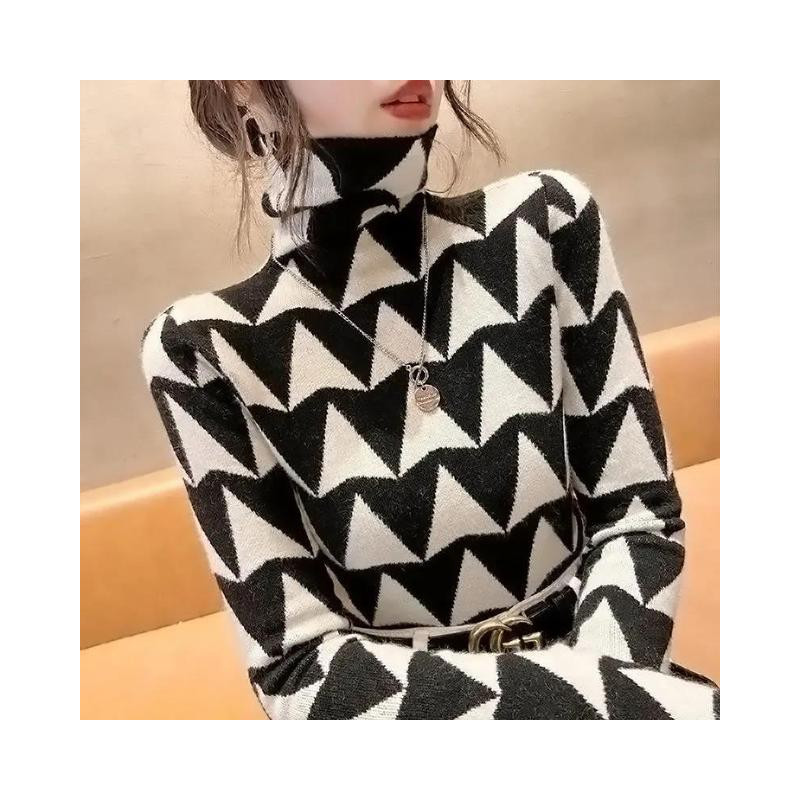 Elegant Geometric Print Turtleneck T-shirt Autumn Winter 2022 Double-Sided Velvet Thicken Warm Long Sleeve Tops Women&39s Clot