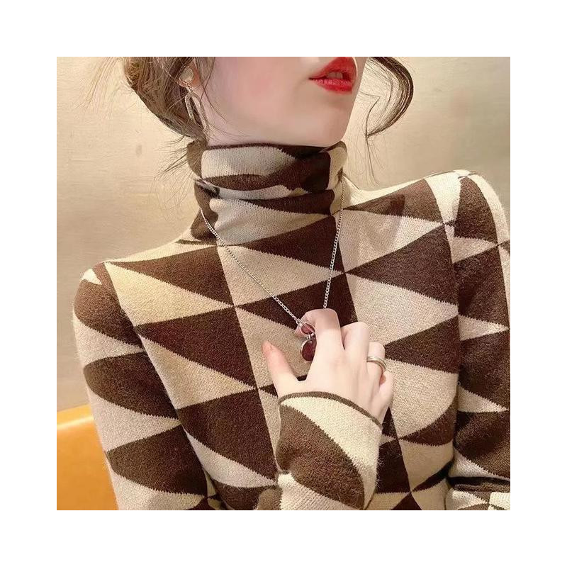 Elegant Geometric Print Turtleneck T-shirt Autumn Winter 2022 Double-Sided Velvet Thicken Warm Long Sleeve Tops Women&39s Clot