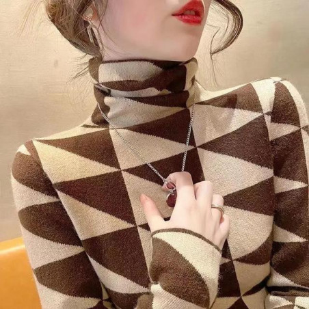 Elegant Geometric Print Turtleneck T-shirt Autumn Winter 2022 Double-Sided Velvet Thicken Warm Long Sleeve Tops Women&39s Clot