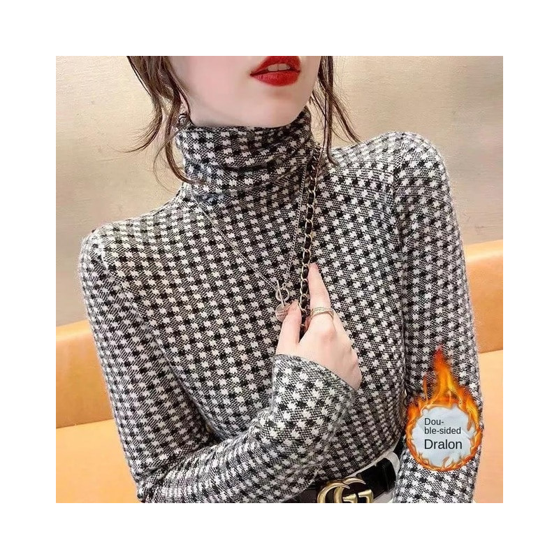 Elegant Geometric Print Turtleneck T-shirt Autumn Winter 2022 Double-Sided Velvet Thicken Warm Long Sleeve Tops Women&39s Clot