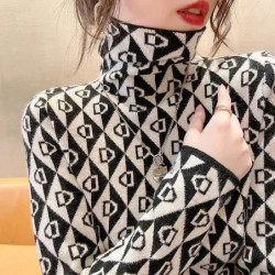 Elegant Geometric Print Turtleneck T-shirt Autumn Winter 2022 Double-Sided Velvet Thicken Warm Long Sleeve Tops Women&39s Clot