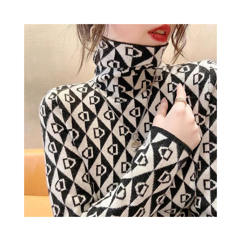 Elegant Geometric Print Turtleneck T-shirt Autumn Winter 2022 Double-Sided Velvet Thicken Warm Long Sleeve Tops Women&39s Clot