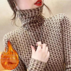 Elegant Geometric Print Turtleneck T-shirt Autumn Winter 2022 Double-Sided Velvet Thicken Warm Long Sleeve Tops Women&39s Clot