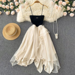 Chiffon Mesh Dress Summer Temperament Fairy Skirt Irregular Net Gauze Big Swing Skirt Chiffon Spaghetti Strap Dress