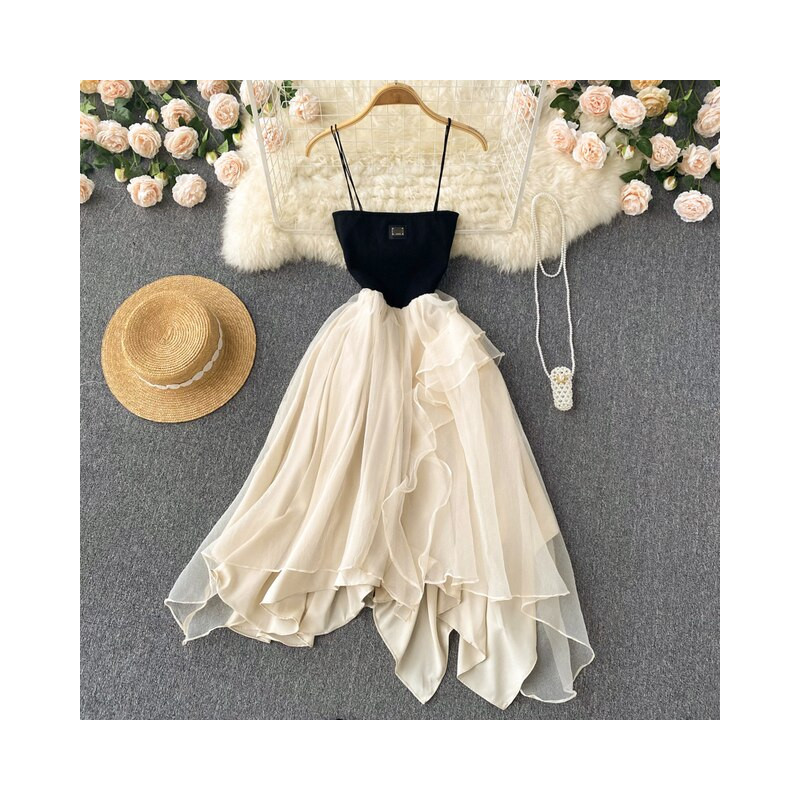 Chiffon Mesh Dress Summer Temperament Fairy Skirt Irregular Net Gauze Big Swing Skirt Chiffon Spaghetti Strap Dress