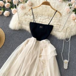 Chiffon Mesh Dress Summer Temperament Fairy Skirt Irregular Net Gauze Big Swing Skirt Chiffon Spaghetti Strap Dress