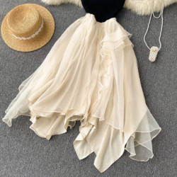 Chiffon Mesh Dress Summer Temperament Fairy Skirt Irregular Net Gauze Big Swing Skirt Chiffon Spaghetti Strap Dress