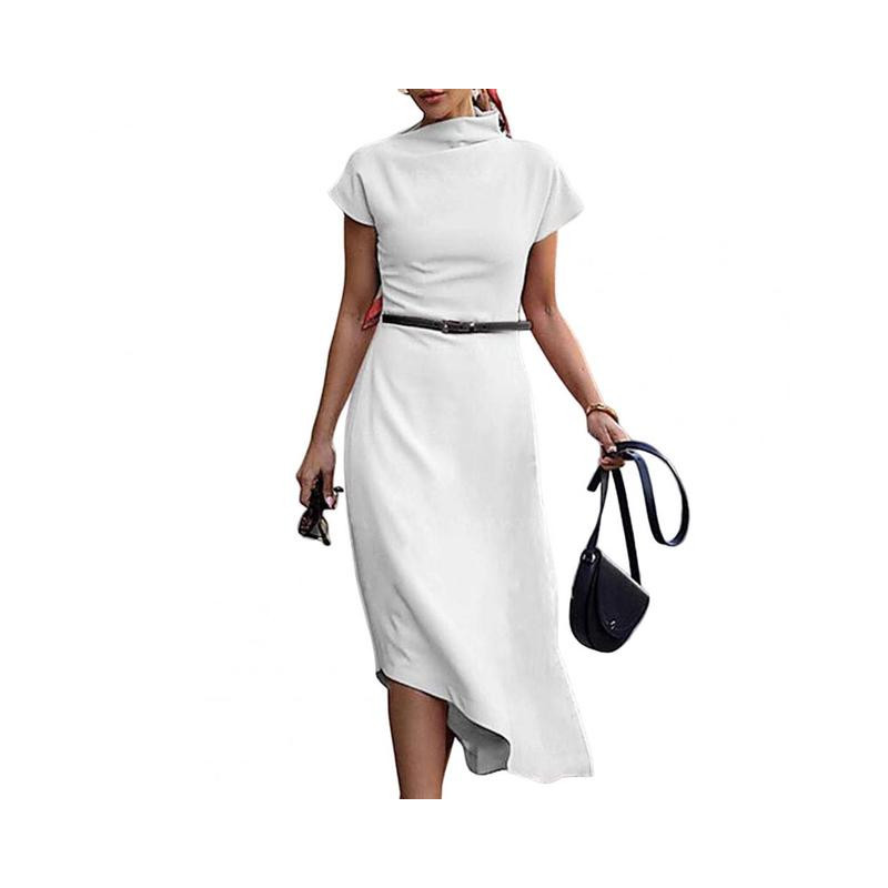 Solid Color Short Sleeve Half High Collar Lady Dress Tight Waist Oblique Hem Office Dress Chic Irregular Hem Summer Dress