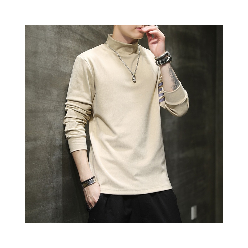 2022 New Men Fashion T Shirt Tees Slim Tops Male Stretch T-shirt Turtleneck Long Sleeve Tee Shirts High Collar Men&39s Cotton 