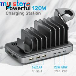 Unitek USB C Charging Station 120W Fast Charging Stand with Type-C PD 60W 6 Ports Charging Dock for iPhone iPad Airpods MacBook 