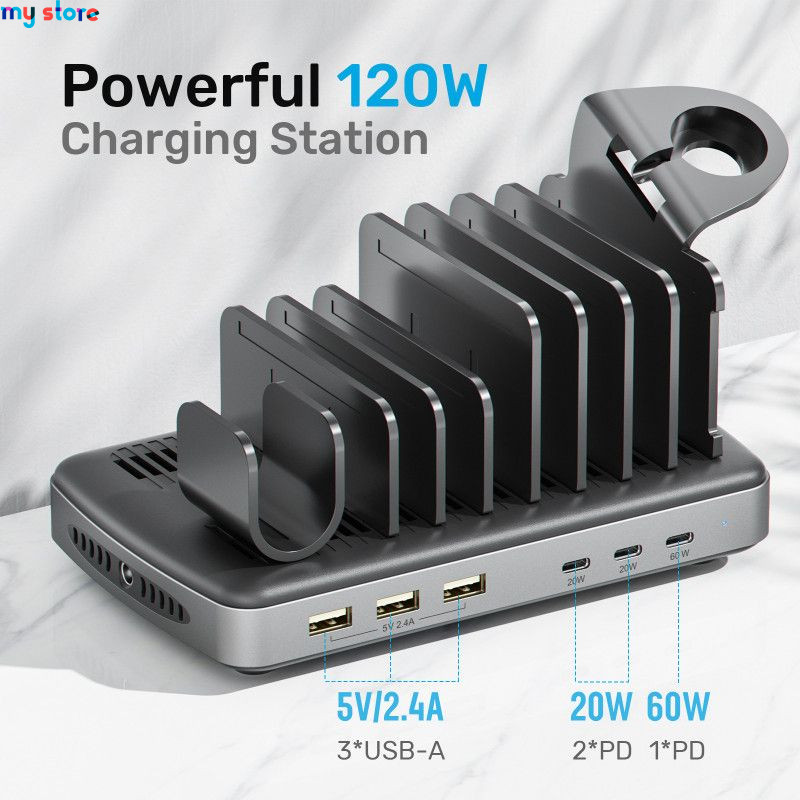 Unitek USB C Charging Station 120W Fast Charging Stand with Type-C PD 60W 6 Ports Charging Dock for iPhone iPad Airpods MacBook 