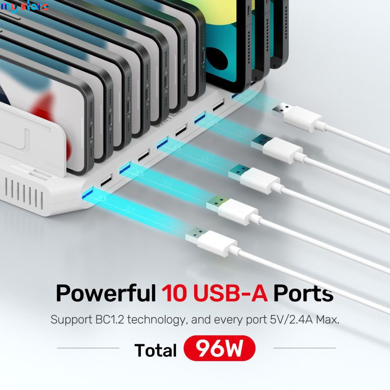 Unitek 96W Charging Station 10 Ports USB Fast Charger Dock for iPhone Samsung iPad Tablet Kindle Multi-USB Charge with Smart IC 